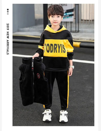 2025 winter Boys tracksuit Autumn Toddler Teenager Clothes vest velvet jacket + Sweatishrt hooded + Pant Children Kids 4 12 year