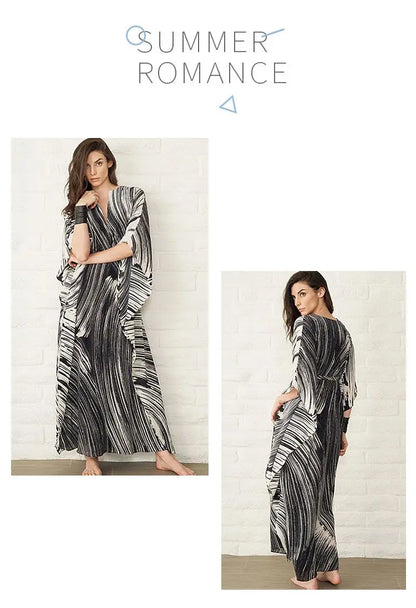 Women's Dress Fashion Beach Vacation Striped Printed Robe 2023 Summer New Casual Vintage Loose Waist V-Neck Long Dresses Female