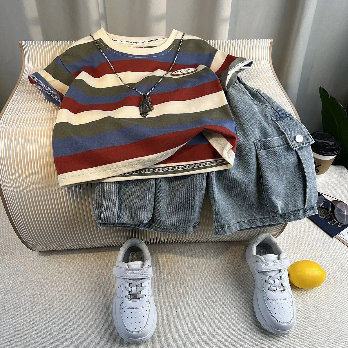 Boys Summer 2025 Boutique Design Outfits Baby Boys Short Sleeve Striped T-Shirt Jeans Shorts 2pcs Korean Clothes for Children