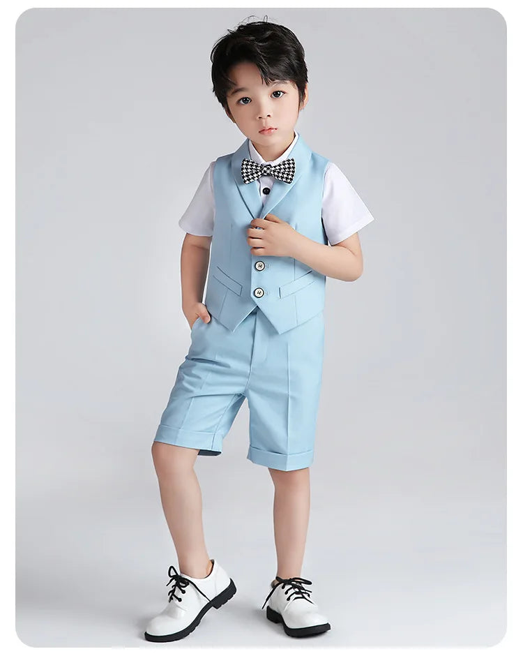 Boys Summer Vest Shirt Shorts Formal Dress Kids Candy Color Waistcoat Wedding Clothes Sets Child Uniforms Toddler Tuxedo Costume
