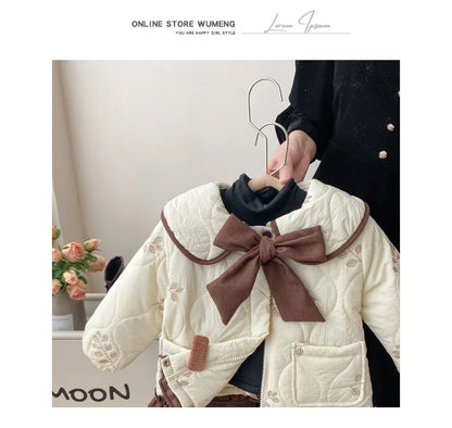 Winter Girls Coat Kids Baby Parkas Cotton Padded Plus Velvet Thickened Warm Children's Coat Solid Girls Embroidery Jacket