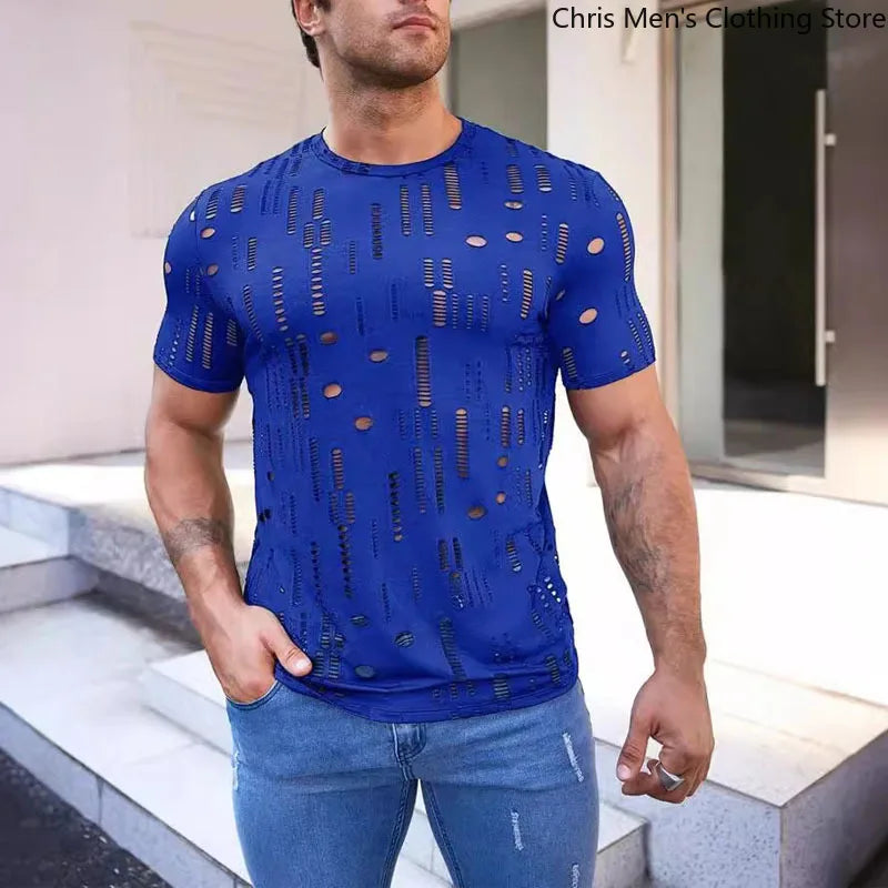 Summer Personality Fashion Breathable Men's Fitness Sportswear, Attractive Sexy Perspective Men Short-sleeved T-shirt Men Shirts