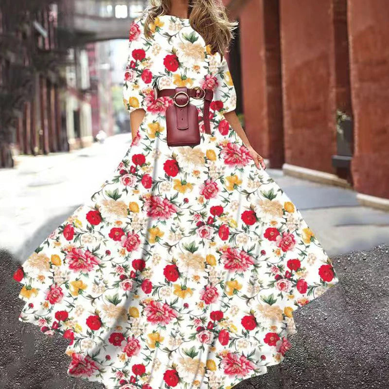 Summer Bohemian Floral Long Dress For Women Casual Holiday Beach Zipper Round Collar Pocket Slim-fitting Swing Robe Vestidos