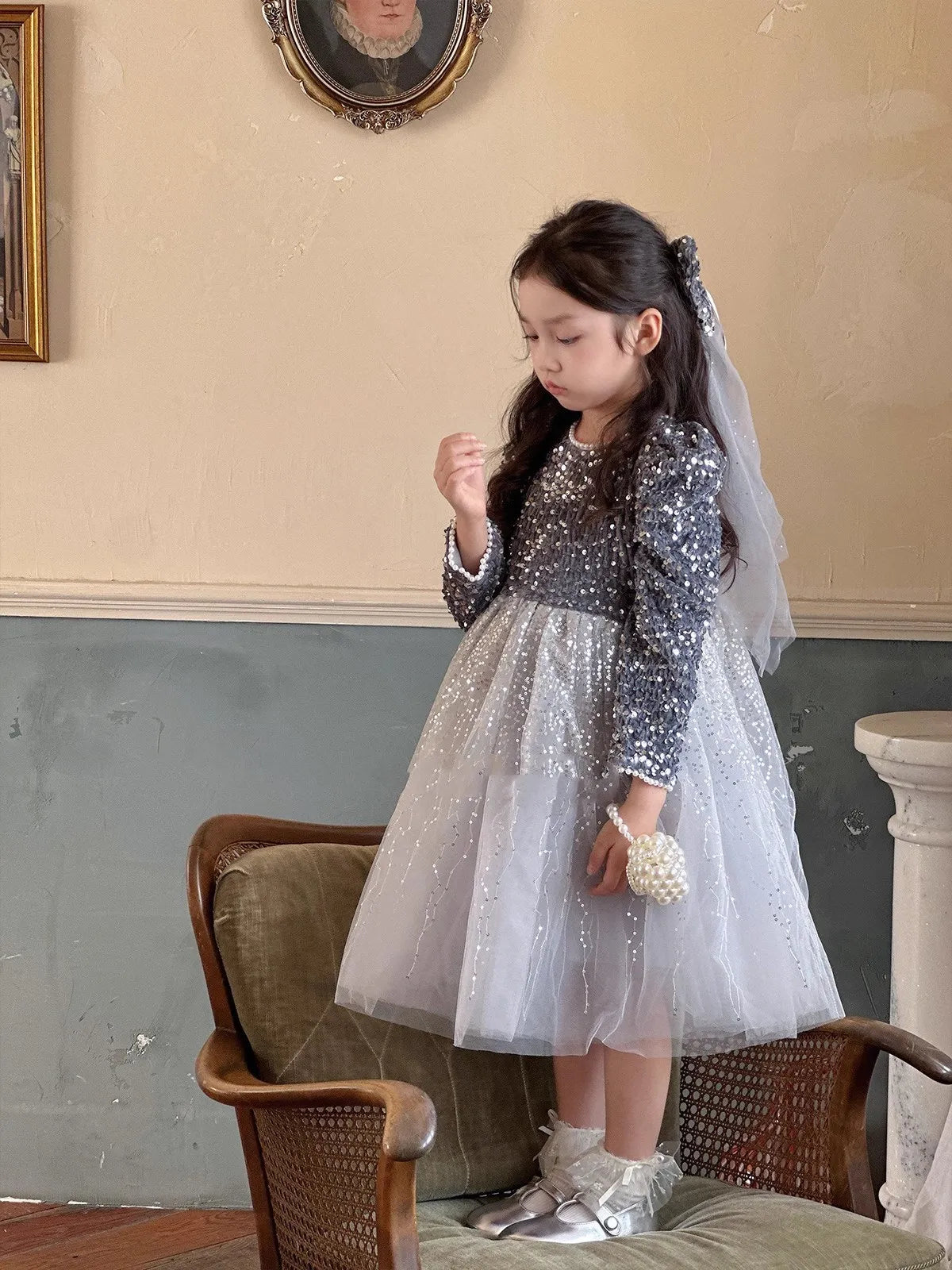 Winter Baby Girls Sequin Work Fleece Lined 4-Layer Mesh Zip Back Dresses with Head Veil Kids Outfit Children Sweet Skirt 2-8 Yr