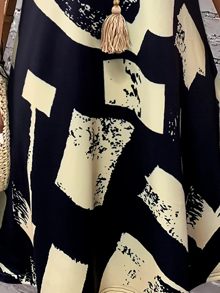 Women's Summer Abstract Print Dress, V - Neck Short Sleeve, Ideal Vacation Outfits Women, Flowy Dress Summer, Must - Have Summer