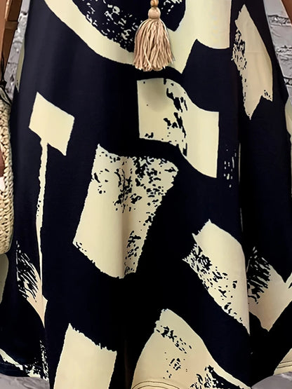 Women's Summer Abstract Print Dress, V - Neck Short Sleeve, Ideal Vacation Outfits Women, Flowy Dress Summer, Must - Have Summer