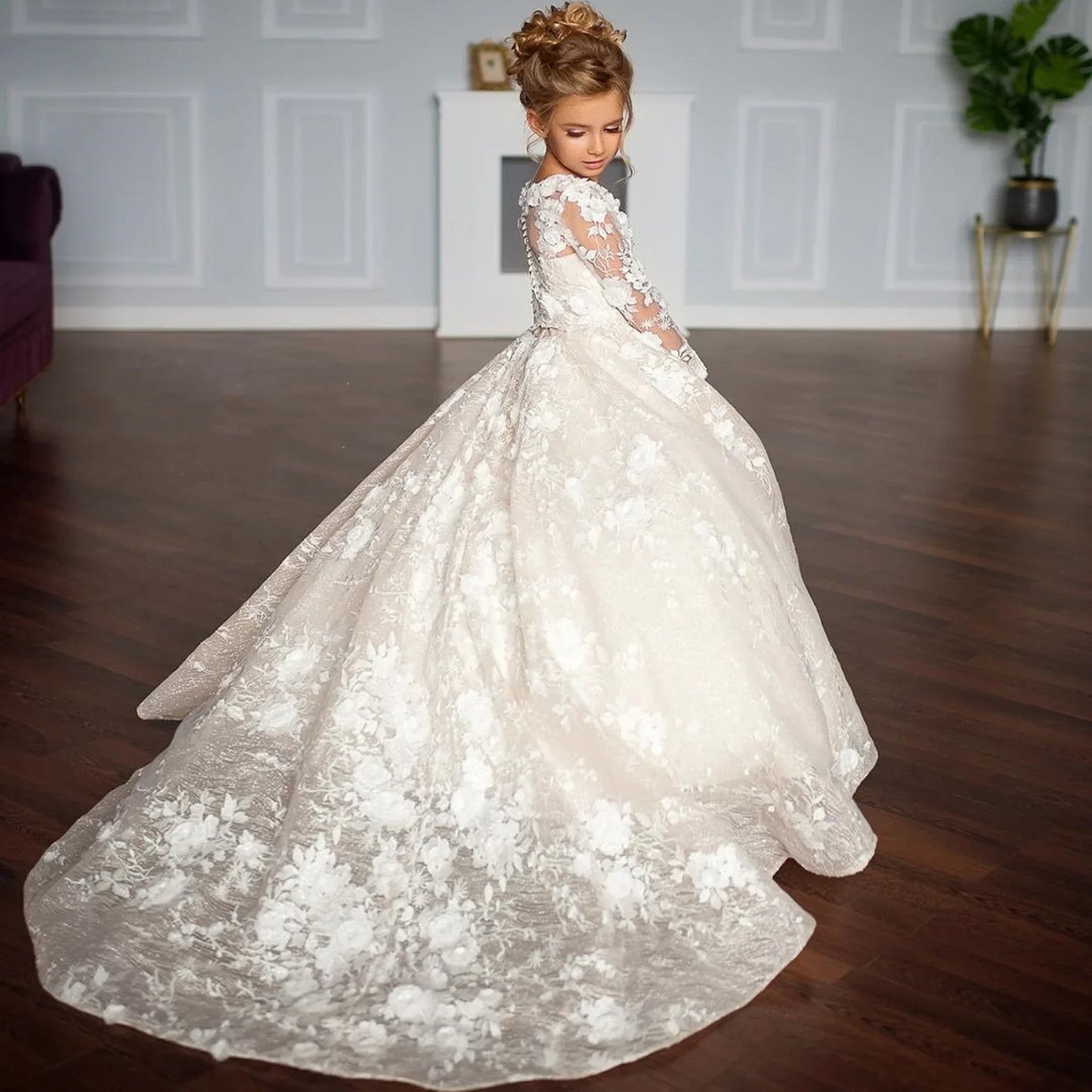 White Flower Girl Dresses for Wedding Floral Lace Appliques Floor Length Princess Kids Birthday Party Communion Party Gown