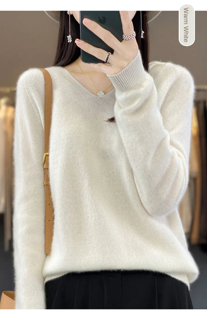 2024 100% Merino Pure Wool V-neck Hoodie Autumn/Winter Hoodie New Cashmere Sweater Women's Casual Knitted Top DMR207