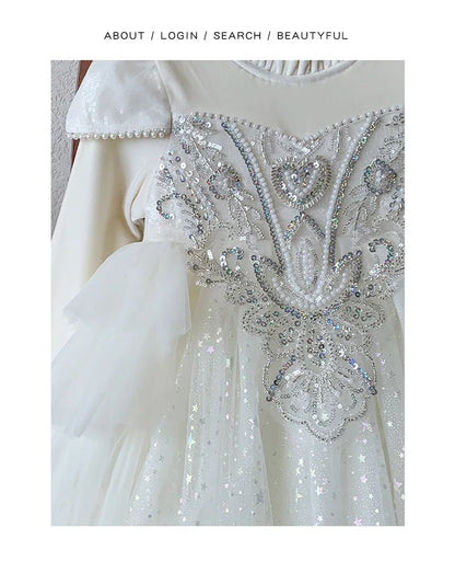 Girls' Winter Dress Light Luxury High End Birthday Banquet Performance Flower Girl Sleeve Thickened Skirt Plush Princess Dress