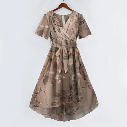 Women Summer Thin Dress Daily Casual Fashion Wrinkles V-Neck Waist Cinching A-Line Zipper Dress Lightweight Comfy Vacation Dress