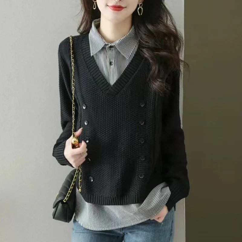 New Fake Two Piece Top Knit Sweater Women's Splice Shirt Collar Spring Autumn  Korean Loose Long Sleeve Sweater Female Pullover