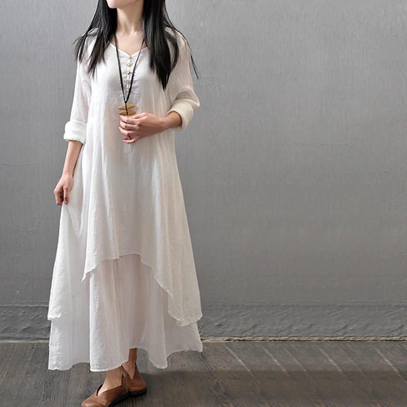 Summer Women  Boho Vintage Kaftan Loose Gypsy Maxi Dress Fake Two-piece Literary Irregular Large Swing Dress Robe