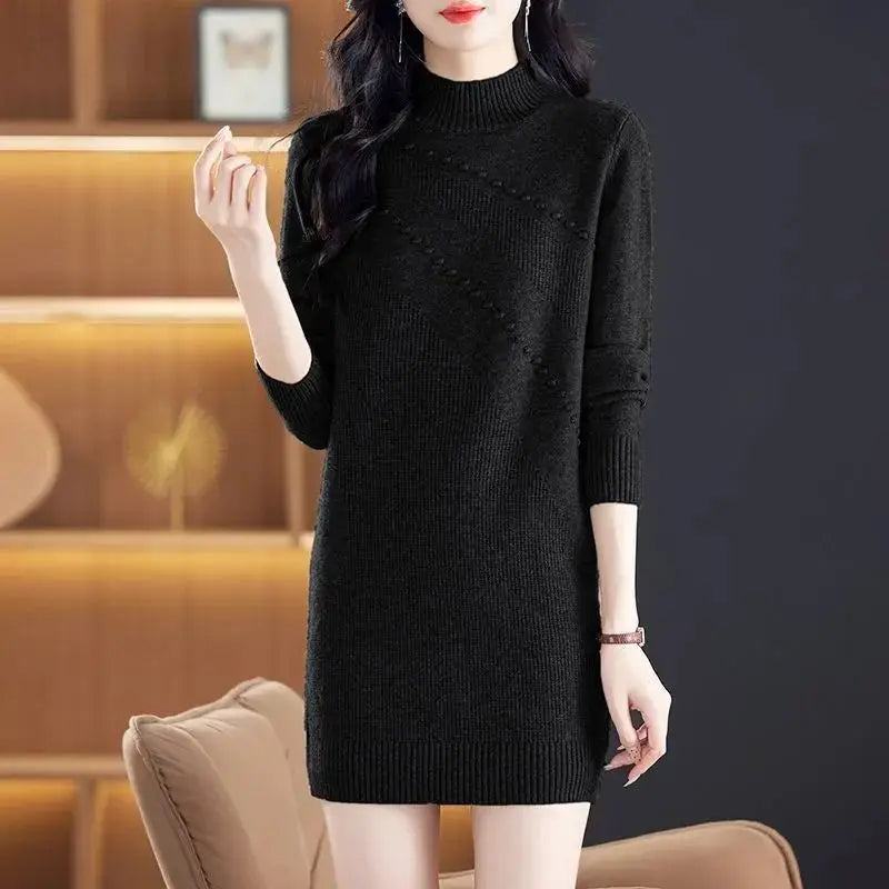 New Vintage Autumn Women's Clothing Half Turtleneck Warm Winter Sweater Dress Long Sleeve Pollovers Top Female Knitwear Jumper