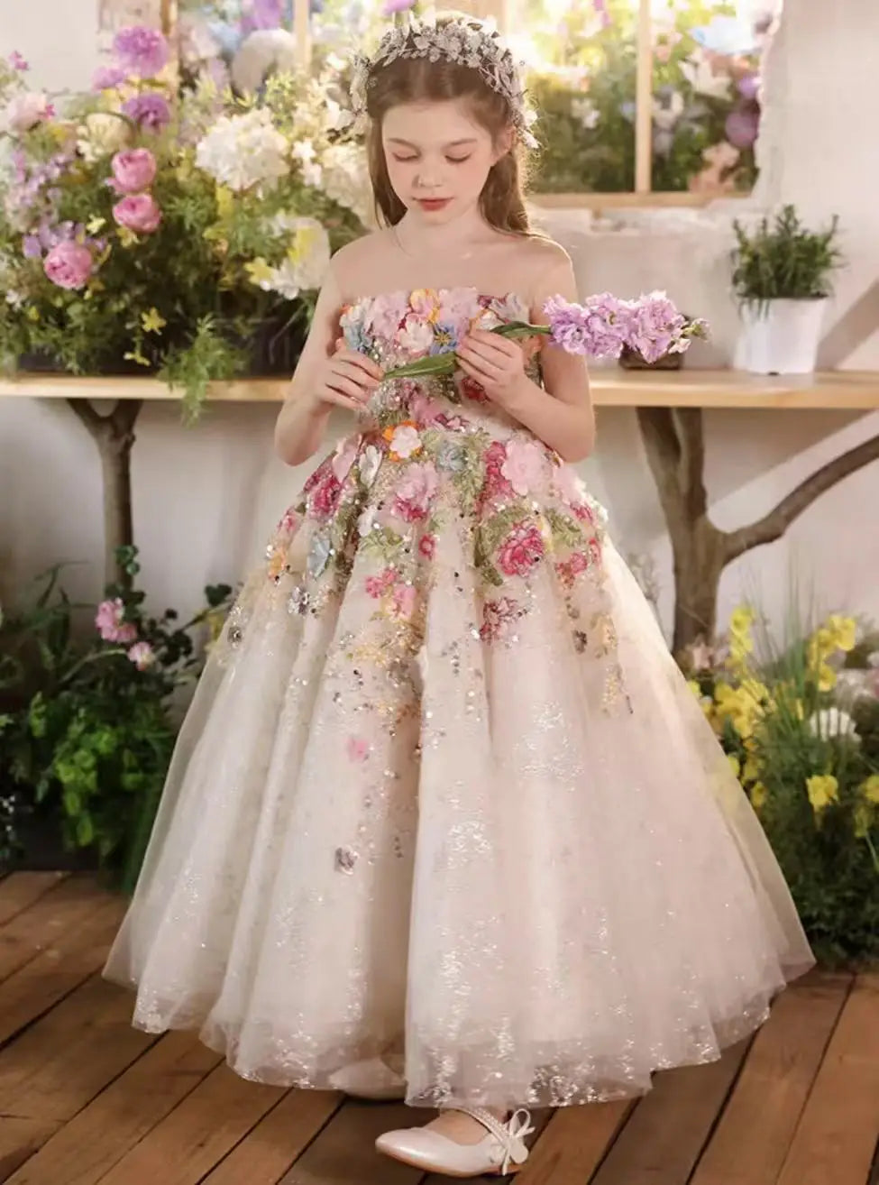 Customized Floral Evening Party Baby Girls Dress for Princess Luxury Handmade Pageant Flower Girl Birthday Style Beads Gowns