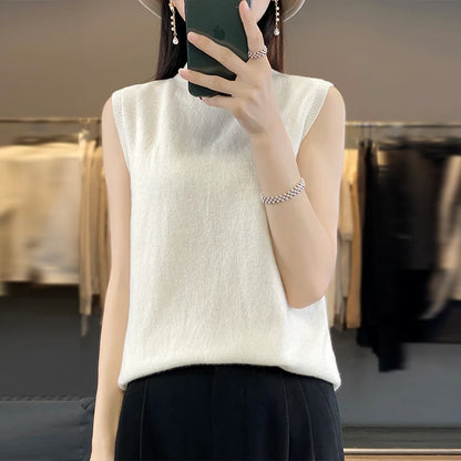 2024 Cashmere Vest Women's 100% Merino Wool Pullover Indoor Sleeveless Sweater Half-turtleneck Office Tops Waistcoat