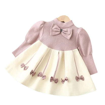 Girls' Sweater Skirt Sweaters Long Dress2025Autumn and Winter New Bow Sweet Princess Dress