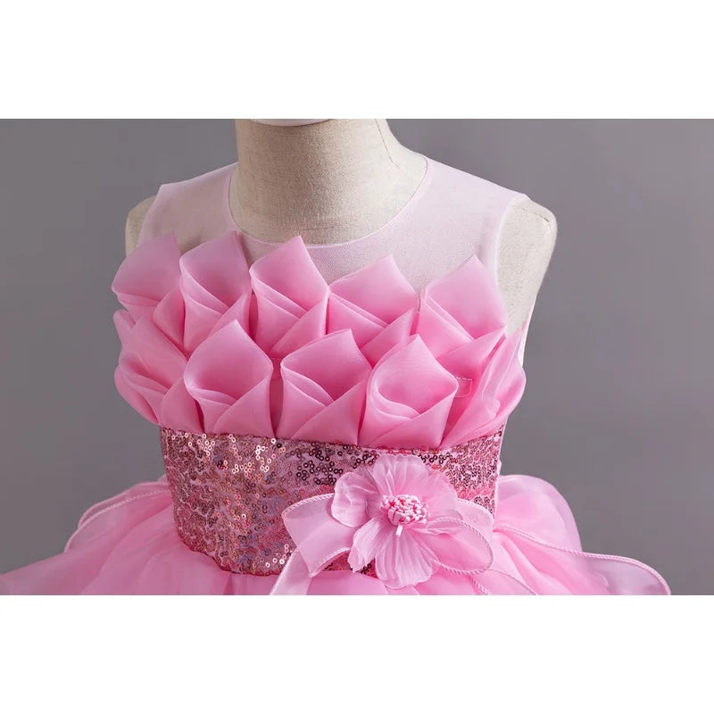 Girls Party Dress with Train, Puffy Cake Dress for Birthday & Flower Girl, Elegant Princess Gown for Host & Special Events