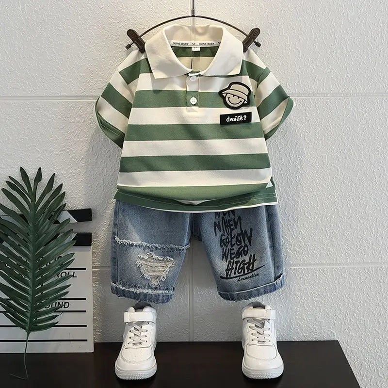 Boys 2025 Summer Outfit T-Shirt and Jeans Korean Polo Fashion 2PCS Casual Clothing Korean Reviews Top Toddler Kids Clothes Sets