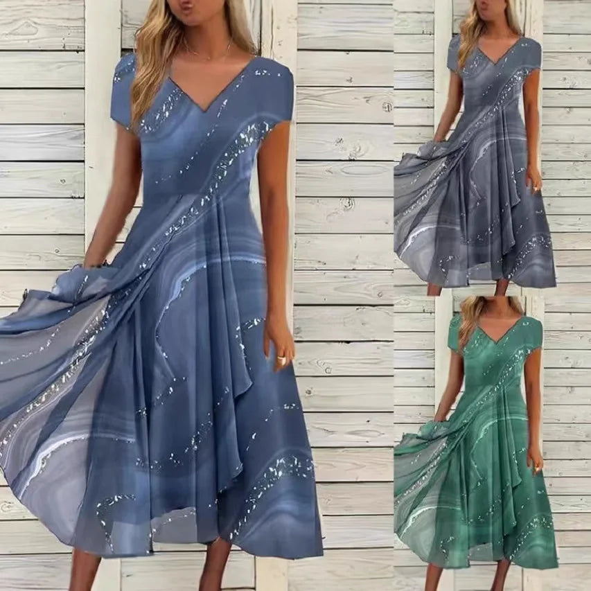 Women Summer New Dress Casual Fashion Chiffon Splicing Short Sleeve V Neck High Waist Dress