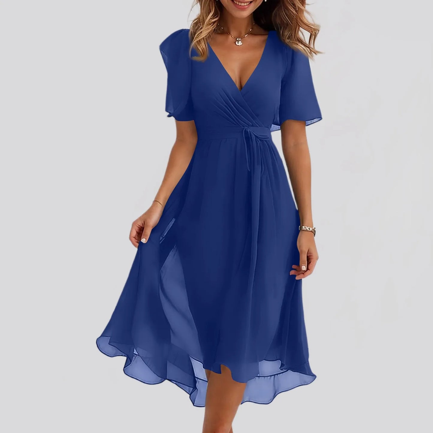 Women Summer Thin Dress Daily Casual Fashion Wrinkles V-Neck Waist Cinching A-Line Zipper Dress Lightweight Comfy Vacation Dress