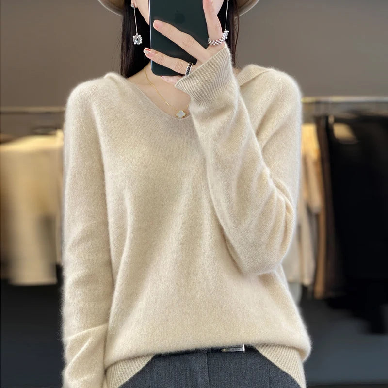 2024 100% Merino Pure Wool V-neck Hoodie Autumn/Winter Hoodie New Cashmere Sweater Women's Casual Knitted Top DMR207