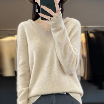 2024 100% Merino Pure Wool V-neck Hoodie Autumn/Winter Hoodie New Cashmere Sweater Women's Casual Knitted Top DMR207