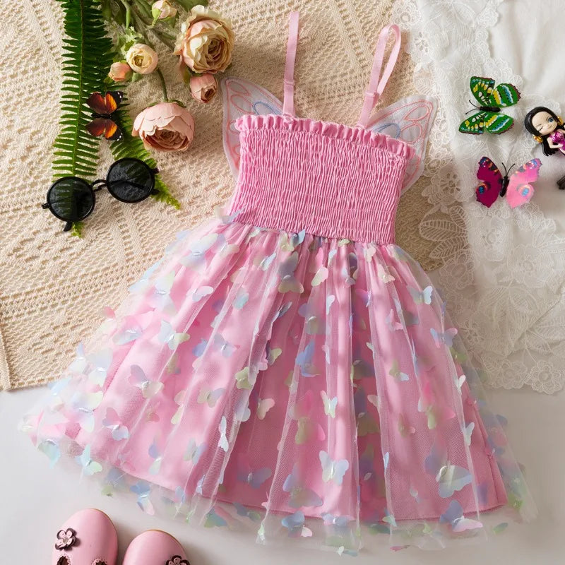 Baby Girl Party Princess Dress Summer Toddler 3d Fairy Butterfly Wings Sleeveless Tulle Sling Dress Children Birthday Party Gown