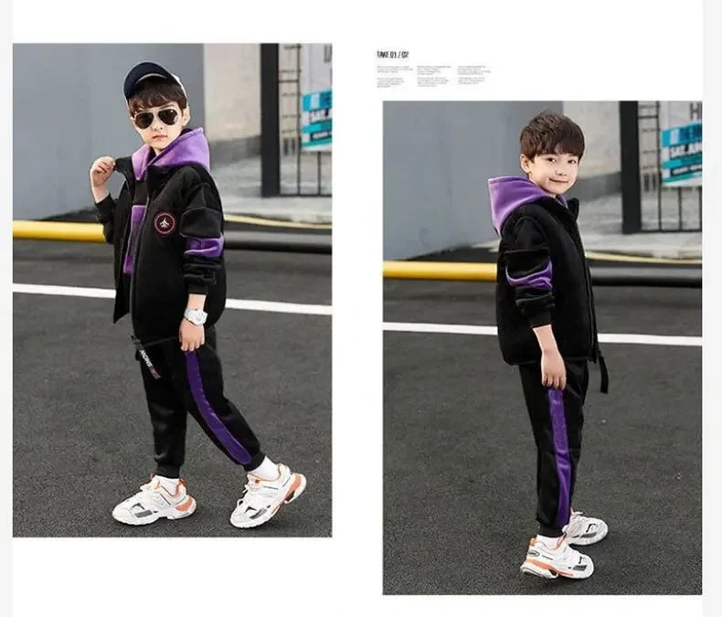 2023 winter Boys tracksuit Autumn Toddler Teenager Clothes vest velvet jacket + Sweatishrt hooded + Pant Children Kids 4 12 year