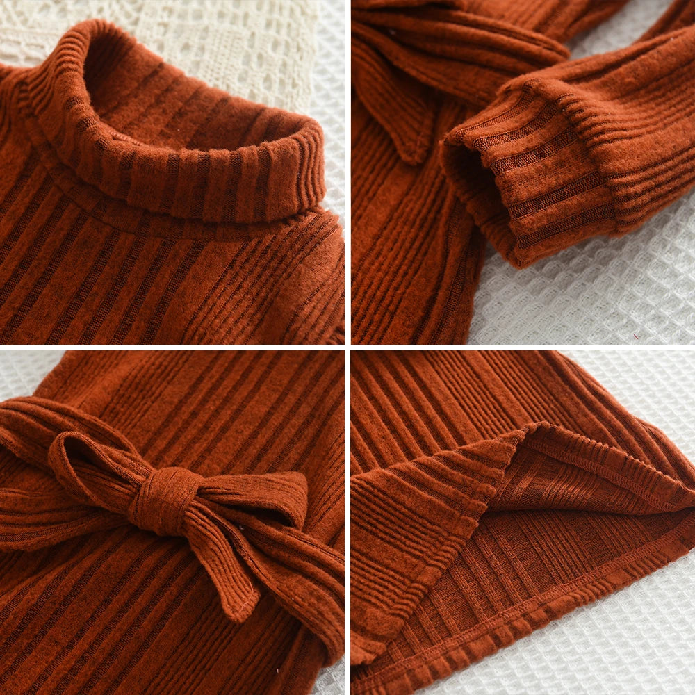 Girls' Woolen Dress 2023 New Children's Autumn Winter New High Neck Flying Sleeve Lace up Knitted Long Sleeve Dress