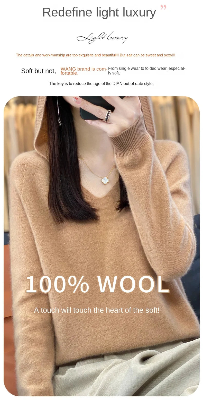 2024 100% Merino Pure Wool V-neck Hoodie Autumn/Winter Hoodie New Cashmere Sweater Women's Casual Knitted Top DMR207