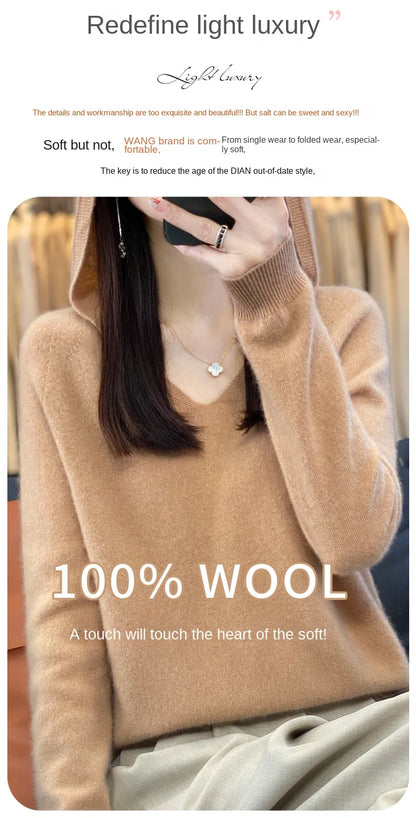 2024 100% Merino Pure Wool V-neck Hoodie Autumn/Winter Hoodie New Cashmere Sweater Women's Casual Knitted Top DMR207