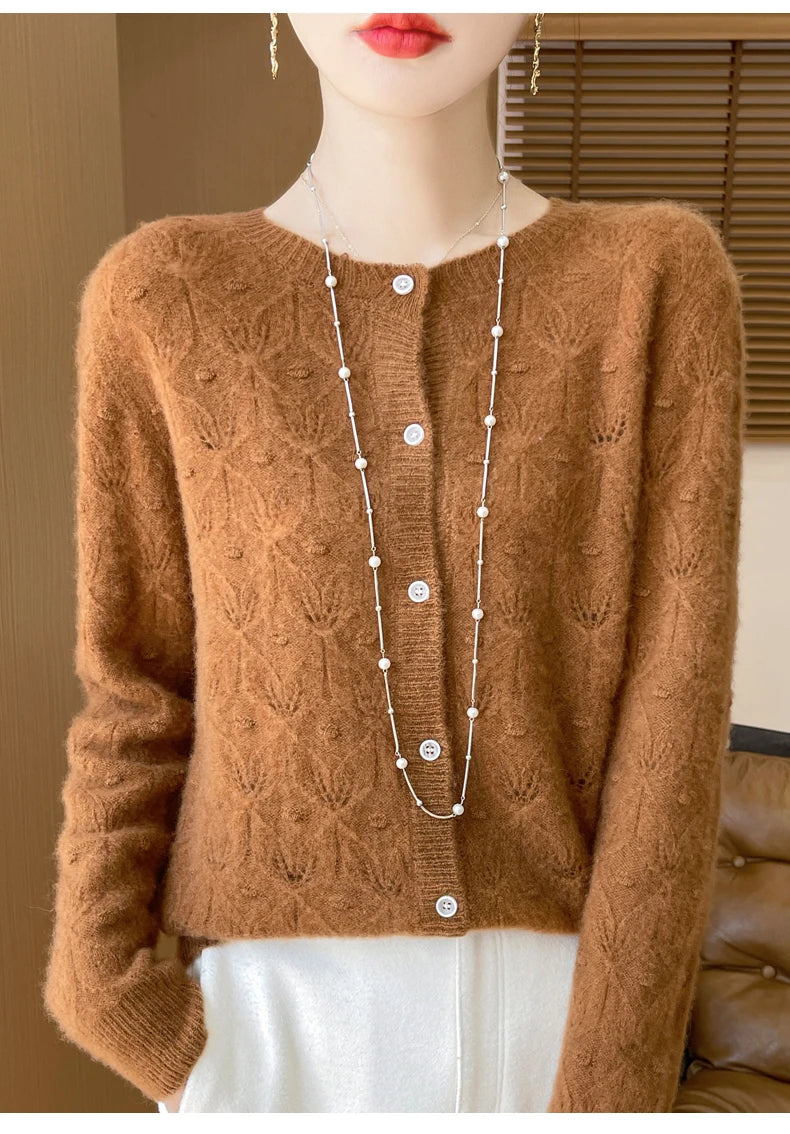 2024 Autumn And Winter New Round Neck Hollowed Out 100 Wool Knitted Cardigan Women's Versatile Coat Loose Casual Sweater DMR281