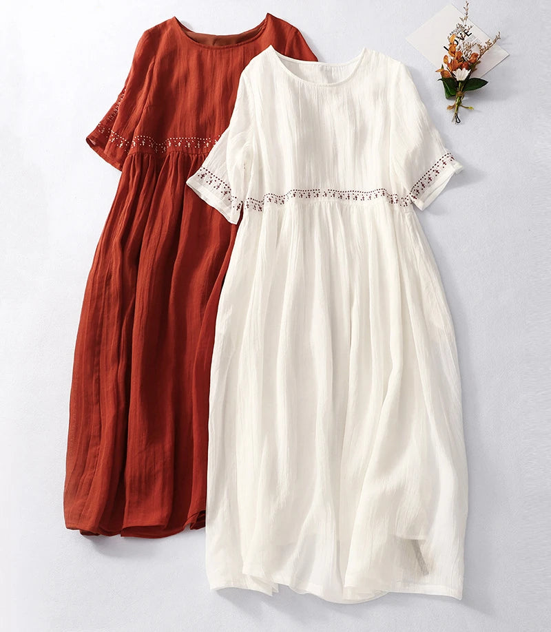 Summer New Dresses for Women LOOSE Embroidery Vintage Dress Streetwear Long Dresses Women Clothing Robe O-Neck White Dress