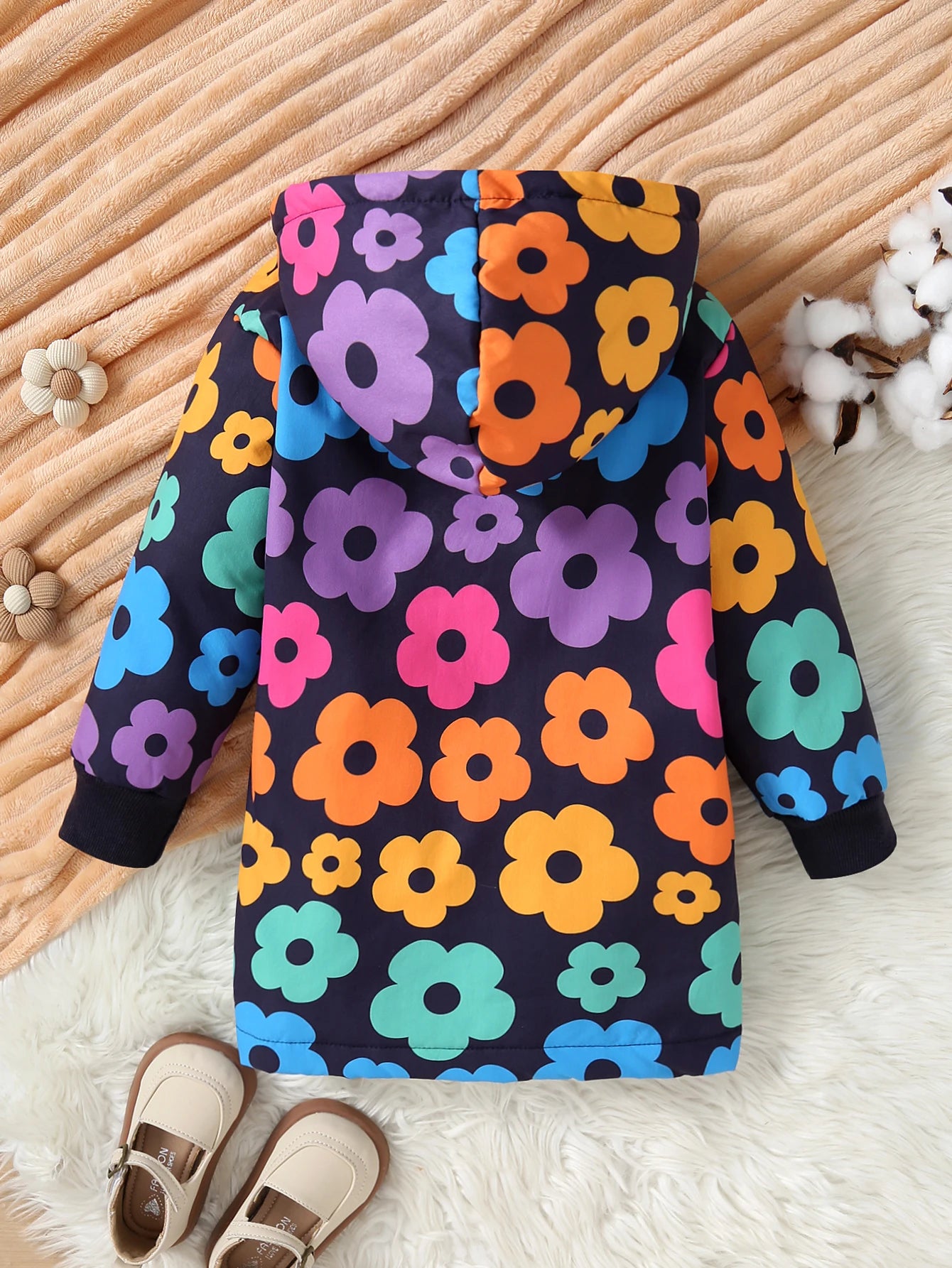 Winter New Girls' Coat With Plush Print Hooded Coat Suitable For Keeping Children Warm Medium To Long And Versatile
