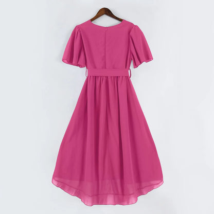 Women Summer Thin Dress Daily Casual Fashion Wrinkles V-Neck Waist Cinching A-Line Zipper Dress Lightweight Comfy Vacation Dress