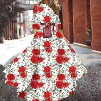 Summer Bohemian Floral Long Dress For Women Casual Holiday Beach Zipper Round Collar Pocket Slim-fitting Swing Robe Vestidos