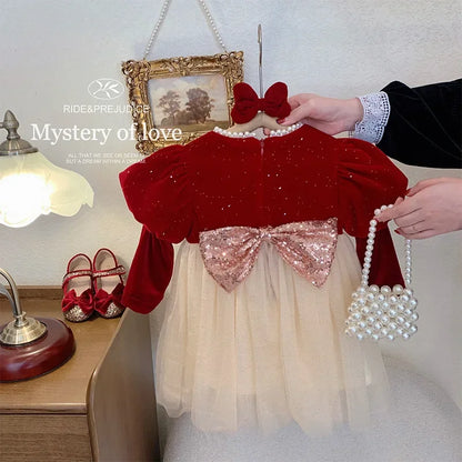 Winter Bow Sequin Dress for Girls' 2025 New Fashion Baby Red Christmas Dresses Velvet Patchwork Mesh A-line Princess Dress