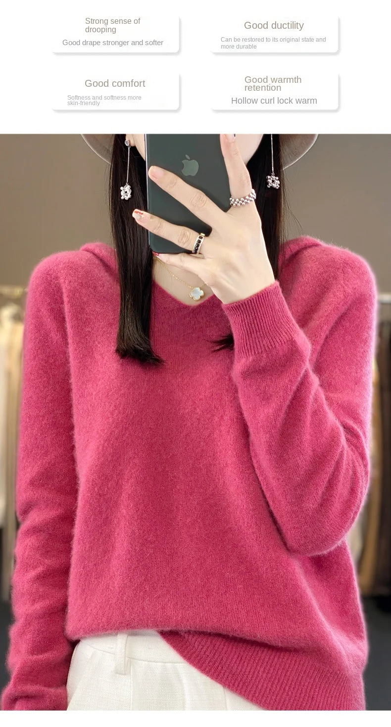 2024 100% Merino Pure Wool V-neck Hoodie Autumn/Winter Hoodie New Cashmere Sweater Women's Casual Knitted Top DMR207