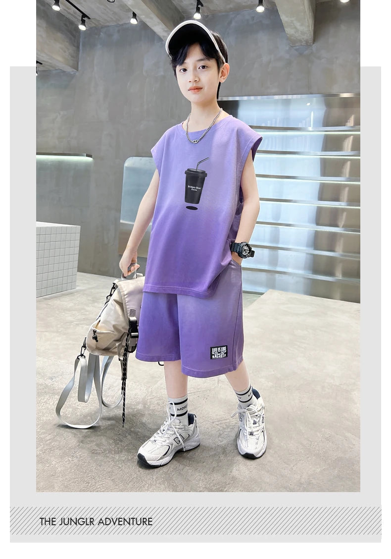 Fashion Boys Summer Top and Bottom set Clothing for Kids Child Casual Sleeveless Tshirt And Shorts Two Pieces Tracksuit Outfit