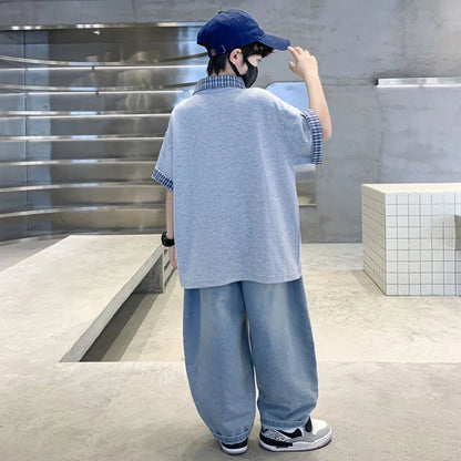 Boys Summer Clothing Set Children Short-Sleeve Polo Shirt Top+ Denim Pants Two-Piece Set 2025 New