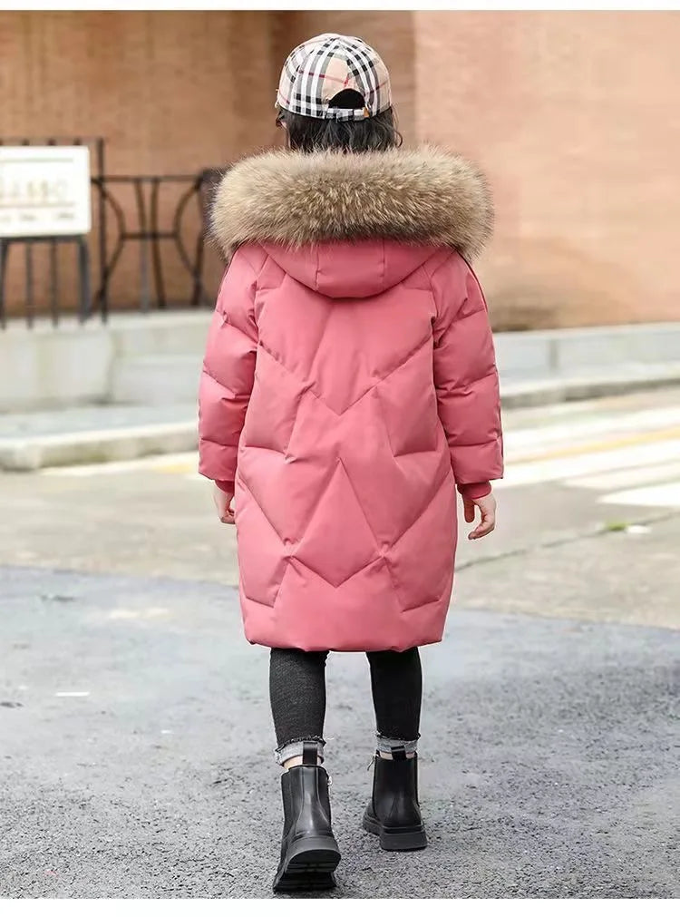 Winter Warm Jackets for Girls Two Colors Faux Fur Hooded Coat Kids White Duck Down Parkas Children Cotton Long Outwear