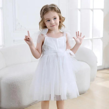 Flower Girl Dresses Pink Tulle Puffy With Bow Sleeveless Toddler Girls Baptism Wedding Birthday Party Dress Leisure Frocks