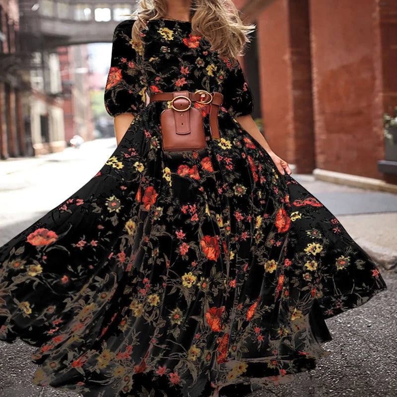 Summer Bohemian Floral Long Dress For Women Casual Holiday Beach Zipper Round Collar Pocket Slim-fitting Swing Robe Vestidos