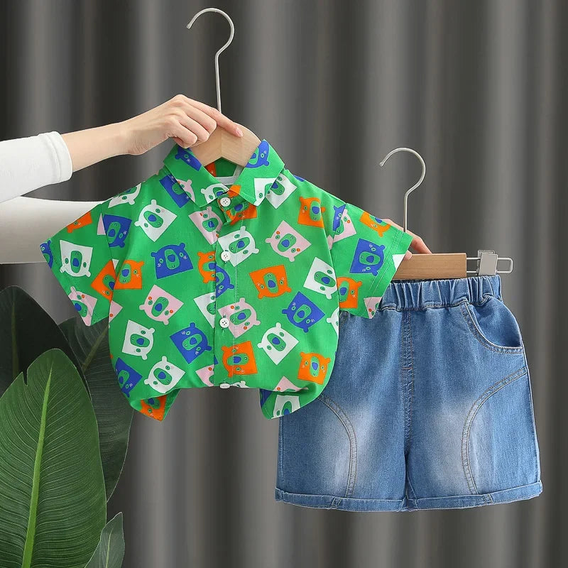 Boys' summer clothing 2025 new style summer new style baby shirt short sleeved two-piece set children's summer clothes