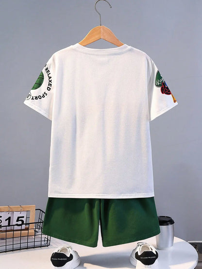 Summer Kids' Suit Boys' Loose Casual Crewneck Patterned Short-sleeved T-shirt and Shorts Comfortable Cool Tracksuit