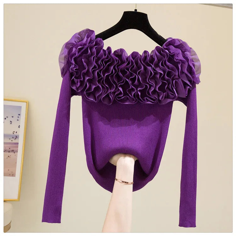 Autumn Women Knitting Full Sleeve Patchwork Sweaters Pullovers Girls Slim Floral Knitted Knitwear Tops GTA014