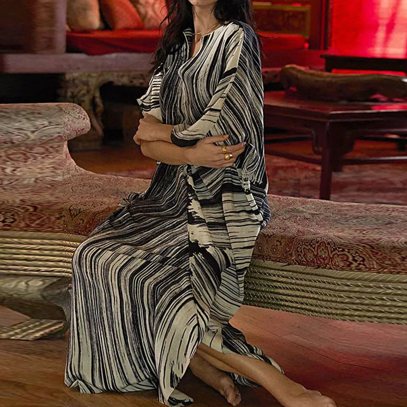 Women's Dress Fashion Beach Vacation Striped Printed Robe 2023 Summer New Casual Vintage Loose Waist V-Neck Long Dresses Female