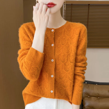 2024 Autumn And Winter New Round Neck Hollowed Out 100 Wool Knitted Cardigan Women's Versatile Coat Loose Casual Sweater DMR281