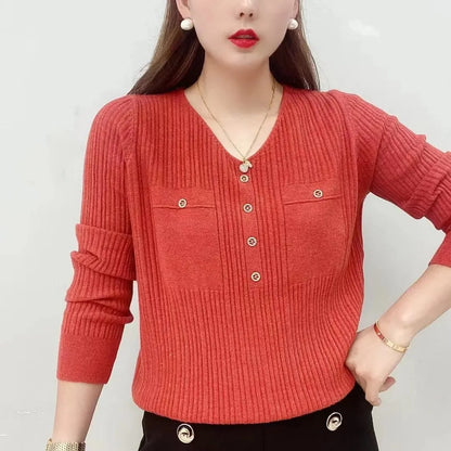 New Long Sleeve Knit V-Neck Pullover Loose Thin Sweater Underlay Autumn Sweater Top