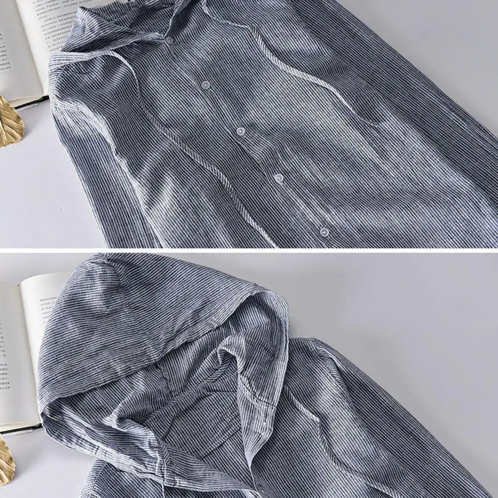 Men Summer Shirt Sun Anti UV Long Sleeve Hooded Drawstring Single breasted Soft Loose Breathable Cardigan Coat Top